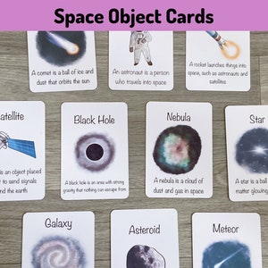 Space Objects Flashcards Printable, Teaching Learning Resources, Solar System Homeschool Digital, Montessori Flash Cards, STEM Early Years