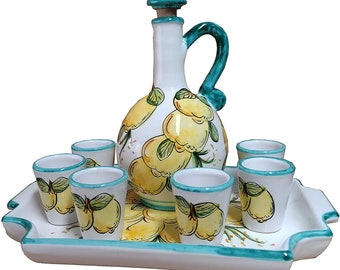 Set for Limoncello With Bottle tray and six limoncello glasses Lemons Line. handpainted Vietri ceramics. Amalfi Coast Positano