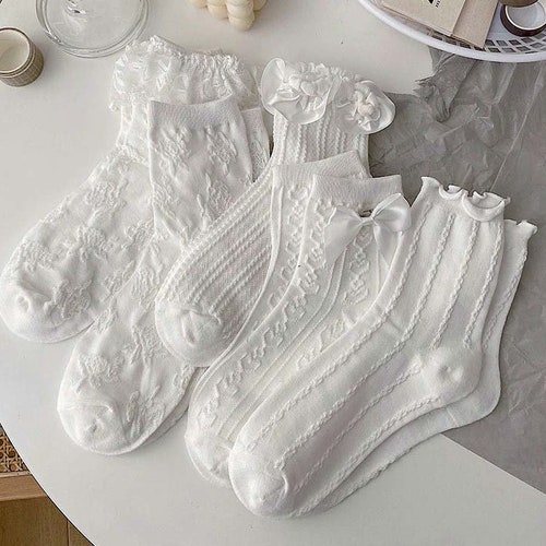 1 pair Lolita White Lace Women Black Socks Heart Bowknot Stripe Twist Socks Sweet Ankle Ruffle Vintage Cute Casual Solid Color Flower #24