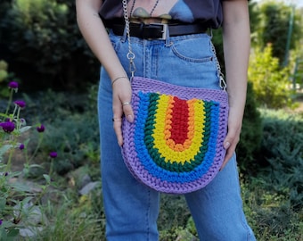 Rainbow Shoulder Bag with Chain/Leather Strap, Rainbow Crochet Bag, Crochet Cross Body, Rainbow Purse, Crochet Boho Bag, Gift for Her