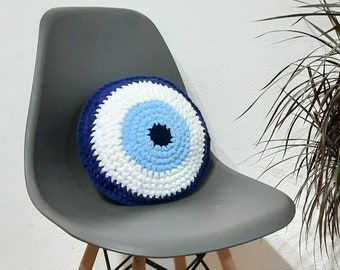 Round Evil Eye Pillow, Plush Evil Eye Decorative Pillow, Crochet Cushion, Handmade Throw Pillow , Housewarming Gift, Good Luck Charm