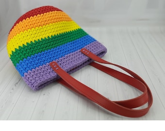 Rainbow Shoulder Bag with Leather Straps, Rainbow Crochet Bag, Happy Pride Flag Color Bag, Handmade bag, Crochet Boho Bag, Bucket Handbag