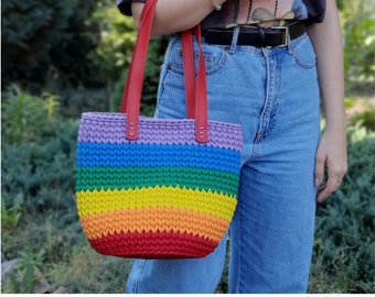 Rainbow Shoulder Bag with Leather Straps, Rainbow Crochet Bag,  Multicolor Bag, Handmade bag, Bright Bag Bucket Handbag, Black Friday Sale