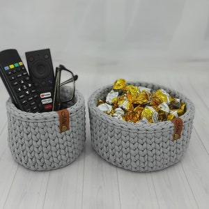 Set of 2 Storage Baskets, Round Eyeglass Holder, Grey Phone Holder, Crochet Remote Control Holder, Desktop Organizer, Gift Mom, Home Decor image 1