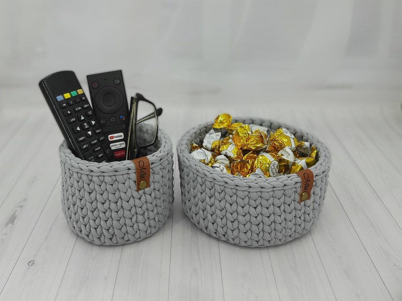 Set of 2 Storage Baskets, Round Eyeglass Holder, Grey Phone Holder, Crochet Remote Control Holder, Desktop Organizer, Gift Mom, Home Decor image 1