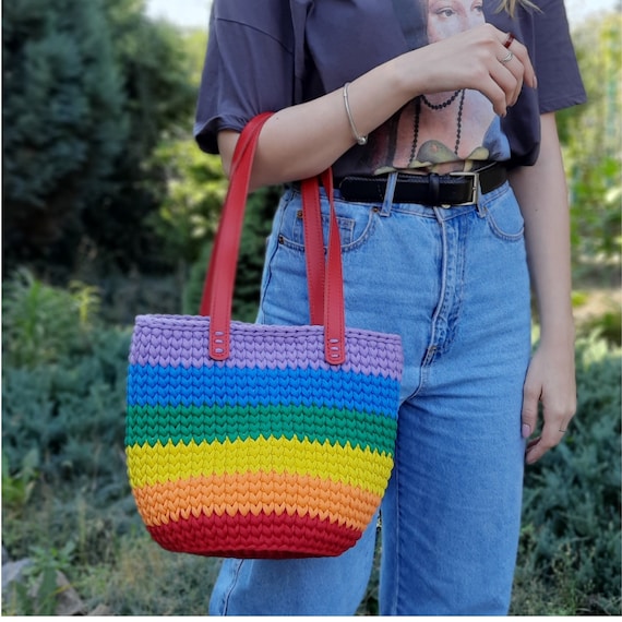 Rainbow Shoulder Bag With Leather Straps Rainbow Crochet Bag 