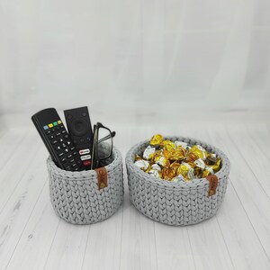 Set of 2 Storage Baskets, Round Eyeglass Holder, Grey Phone Holder, Crochet Remote Control Holder, Desktop Organizer, Gift Mom, Home Decor image 5