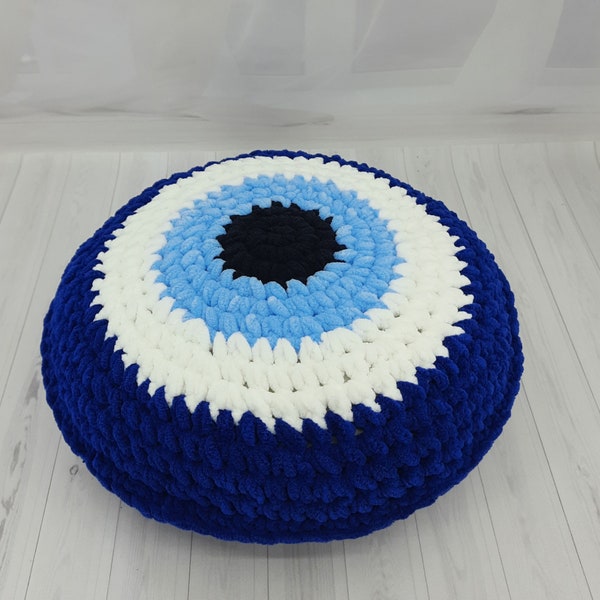 Middle Evil Eye Pillow, Crochet Pillow, Decorative Pillows, Round Plush Pillow, Stuffed Throw Pillow, Good Luck Charm, Housewarming Gift