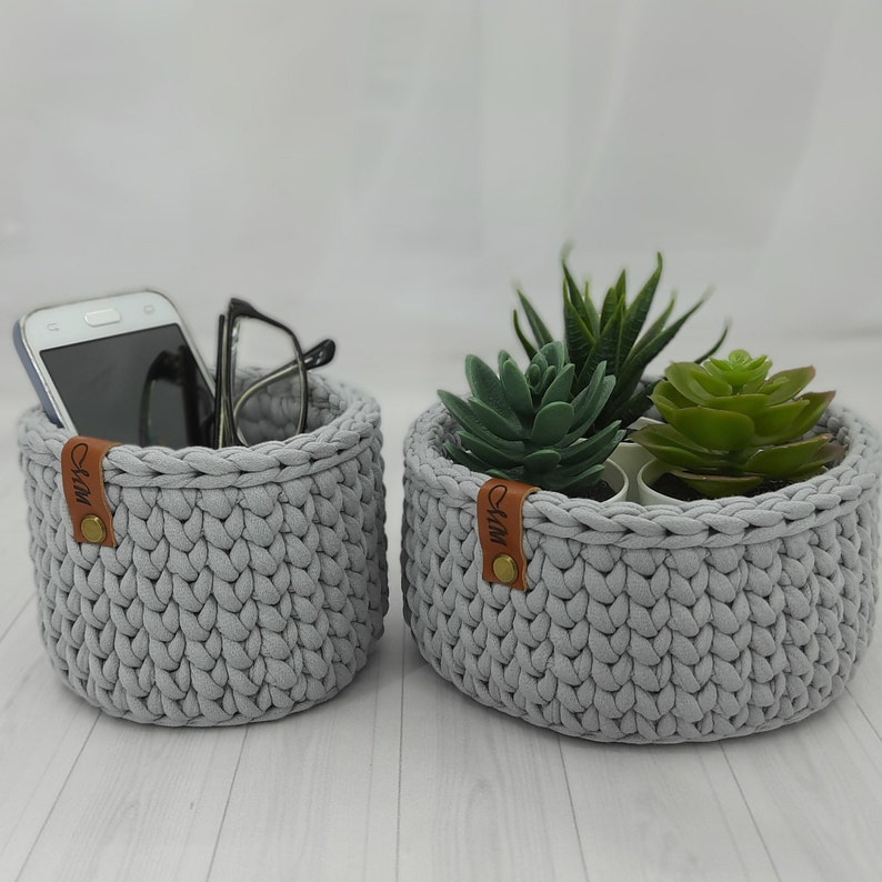 Set of 2 Storage Baskets, Round Eyeglass Holder, Grey Phone Holder, Crochet Remote Control Holder, Desktop Organizer, Gift Mom, Home Decor image 3