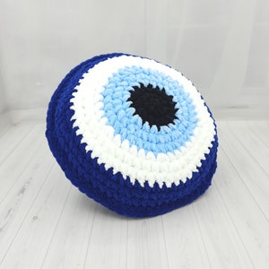 Blue Small Evil Eye Pillow, Throw Pillow for Couch, Plush Evil Eye for Living Room, Crochet Decorative Pillow, New Home Gift Dorm Room Decor