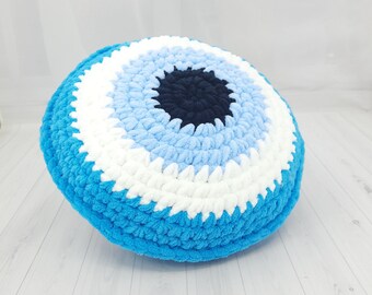 Ocean Evil Eye Pillow, Crochet Throw Pillow, Evil Eye Decor, Plush Decorative Pillow, Dorm Room Decor, Handmade Good Luck Gift, Gift for Her