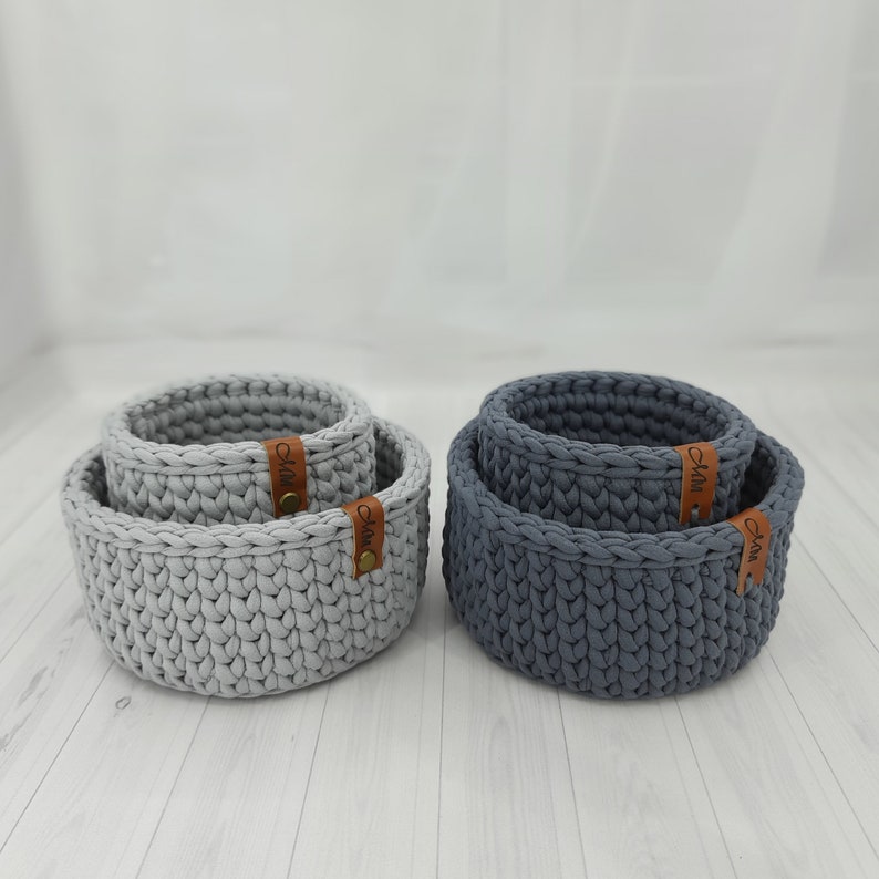 Set of 2 Storage Baskets, Round Eyeglass Holder, Grey Phone Holder, Crochet Remote Control Holder, Desktop Organizer, Gift Mom, Home Decor image 6