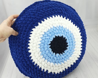 Large Evil Eye Pillow, Plush Evil Eye, Crochet Decorative Pillow, Round Evil Eye Cushion, Stuffed Throw Pillow, Good Luck Gift, Lucky Charm