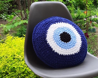 Large Evil Eye Pillow, Crochet Decorative Pillow, Plush Throw Pillow for Bed, Round Evil Eye Cushion, Stuffed Throw Pillow, Good Luck Gift