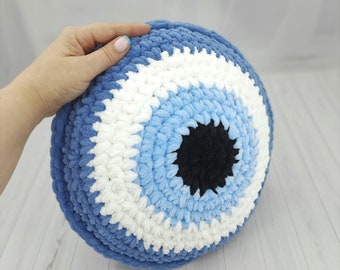 Denim Evil Eye Pillow,  Crochet Throw Pillow, Plush Decorative Pillow, Evil Eye Pillow Charm, New Home Decor, Gift for Her, Gift for Friend