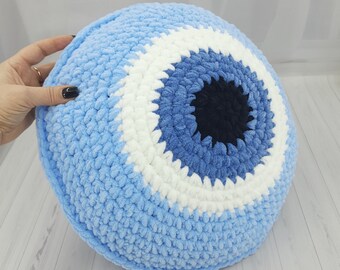 Large Sky Evil Eye Pillow, Plush Evil Eye, Crochet Decorative Pillow, Round Eye Cushion, Soft Throw Pillow, Handmade Home Decor, Lucky Charm