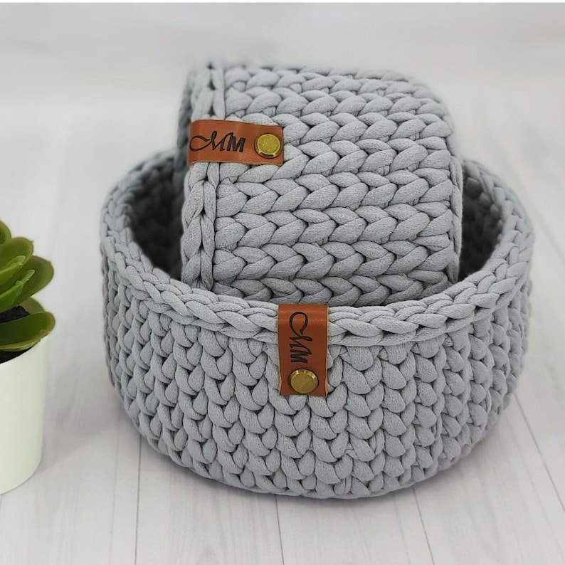 Set of 2 Storage Baskets, Round Eyeglass Holder, Grey Phone Holder, Crochet Remote Control Holder, Desktop Organizer, Gift Mom, Home Decor image 4