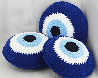 Round Evil Eye Pillow, Plush Evil Eye, Crochet Decorative Pillow, Blue Evil Eye Cushion, Dorm Room Decor, Good Luck Gift,Lucky Charm for Her