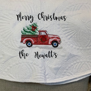 Christmas Tree Skirt | Christmas Red Truck | Embroidery | Merry Christmas tree skirt | You Design and Personalize | Matelassé