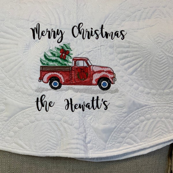 Christmas Tree Skirt | Christmas Red Truck | Embroidery | Merry Christmas tree skirt | You Design and Personalize | Matelassé