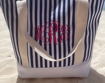 Embroidered Striped Beach Tote Bag: Monogrammed Canvas Gift