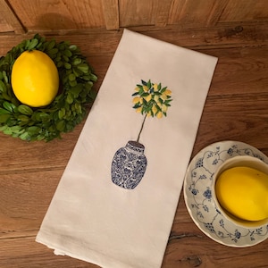Embroidered Lemon Topiary Kitchen Towel: Chinoiserie Decor