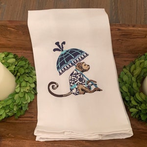 All Day Soirée Chinoiserie Designer Kitchen Tea Towels 3 Pack 100% Absorbent Cotton Tiger Monkey Floral Hand Towel Large Dish Cloth Set Blue White