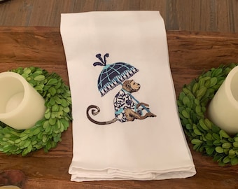 Embroidered Chinoiserie Monkey Kitchen Towel: Spring Home Decor
