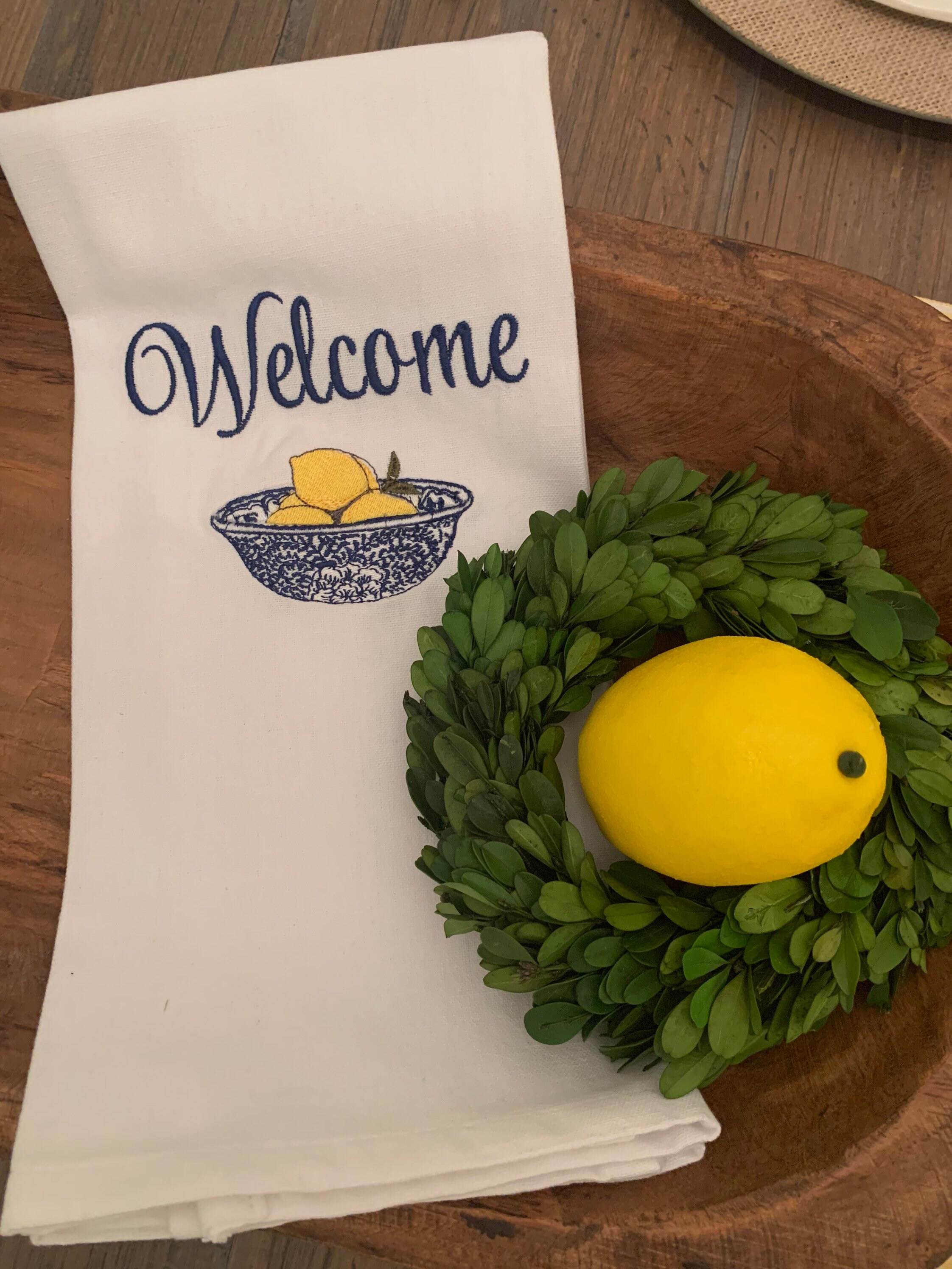 Chinoiserie Lemon Bowl Lemon Decor Embroidery Kitchen Towel Home Decor Gift