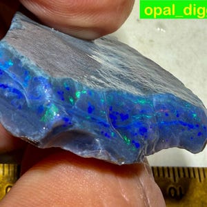 May include: A raw opal stone, predominantly dark grey, displaying vivid blue and green flashes across its textured surface. The text "opal_digger" is visible in a green rectangle. The stone's colours create a striking visual effect.
