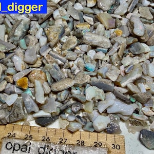 May include: A close-up of a pile of raw opal stones in various shapes and sizes. The stones are primarily white, grey, and tan, with hints of blue, green, and yellow. A wooden ruler with centimetre markings and the text "opal digger" is at the bottom.
