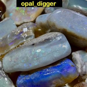 May include: Close-up of a collection of polished opal stones. The opals display a range of colours, including blue, white, and iridescent flashes. The text "opal_digger" is in a black box in the top left corner.