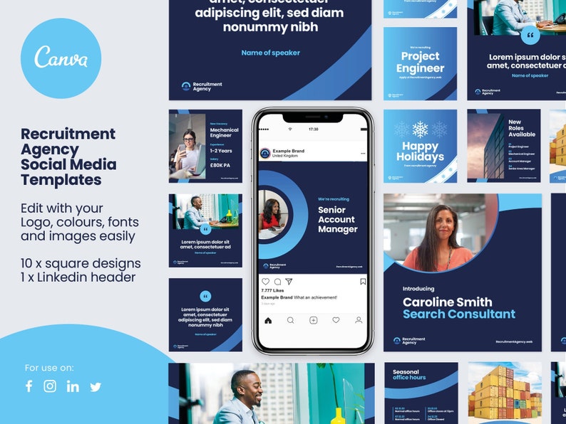 May include: A promotional image for a recruitment agency's social media templates, featuring a blue and white design. The image displays various square designs and a LinkedIn header, all editable with logos, colours, fonts, and images. The Canva logo and social media icons are also visible.