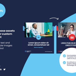 May include: A dark blue graphic promoting Canva, with the text "Repurpose assets for your custom content." It features example social media posts with placeholder text and images, and a list of features.
