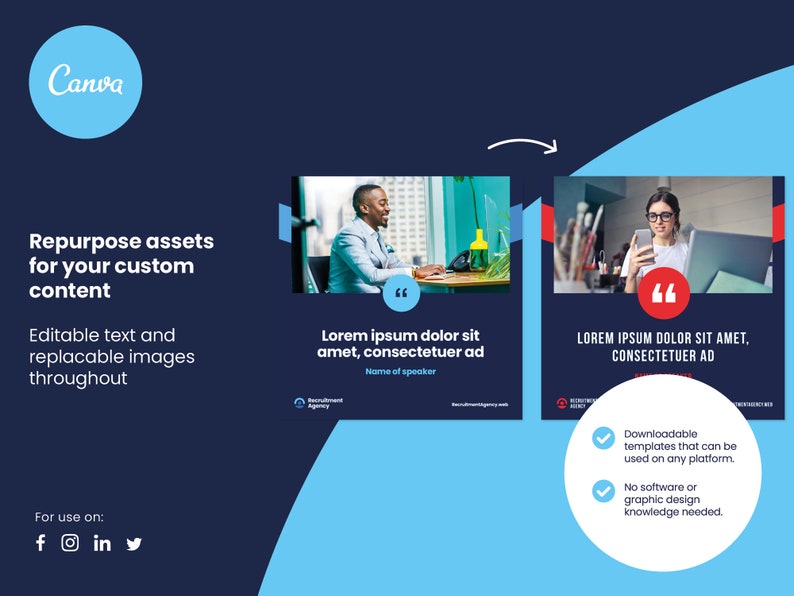 May include: A dark blue graphic promoting Canva, with the text "Repurpose assets for your custom content." It features example social media posts with placeholder text and images, and a list of features.