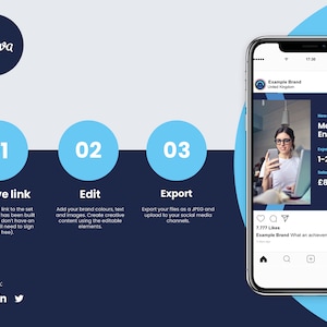 May include: A digital marketing graphic featuring the Canva logo, a three-step guide, and a smartphone mockup. The steps are labelled "Receive link", "Edit", and "Export". The smartphone shows a job advert for a Mechanical Engineer.