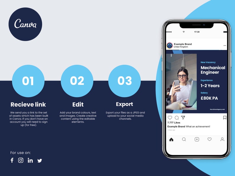 May include: A digital marketing graphic featuring the Canva logo, a three-step guide, and a smartphone mockup. The steps are labelled "Receive link", "Edit", and "Export". The smartphone shows a job advert for a Mechanical Engineer.