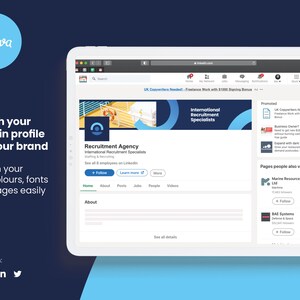 May include: A tablet screen shows a LinkedIn profile, promoting a recruitment agency. The Canva logo is visible. The text reads "Refresh your LinkedIn profile with your brand" and "International Recruitment Specialists". The tablet is on a dark blue background.