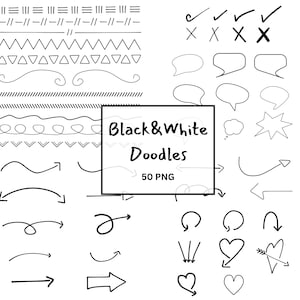 May include: Black and white doodle illustrations of arrows, hearts, speech bubbles, tick marks, and lines. The text "Black & White Doodles" and "50 PNG" are also included in the image.