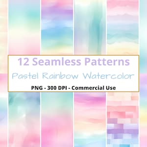 May include: Twelve seamless patterns featuring pastel rainbow watercolor designs. PNG - 300 DPI - Commercial Use.