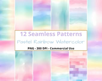 Pastelowe tęczowe akwarelowe wzory bezszwowe, papier cyfrowy, PNG, papier do scrapbookingu, zastosowanie komercyjne, powtarzające się wzory