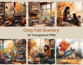 Cozy Fall Scenery Clipart, Autumn, Transparent Background PNG, Commercial Use