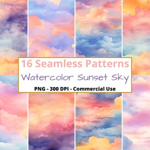 May include: 16 seamless watercolor sunset sky patterns in pink, orange, yellow, and blue. PNG - 300 DPI - Commercial Use