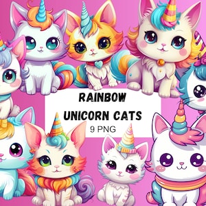 Licorne chats arc-en-ciel Clipart licorne décoration chambre d'enfants pour gâteau d'anniversaire autocollant mignon licorne chat autocollant Kittycorn PNG Caticorn