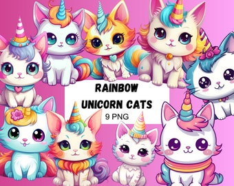 Unicorn Cats Rainbow Clipart Unicorn Decoration Kids Room Birthday Cake Topper Cute Sticker Unicorn Cat Sticker Kittycorn PNG Caticorn