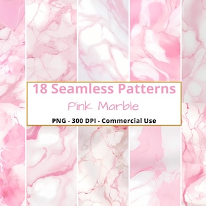 Puede incluir: 18 patrones sin costuras de texturas de mármol rosa. PNG - 300 DPI - Uso comercial