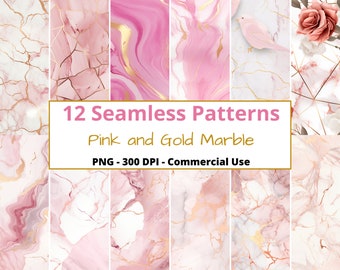 Marble Pattern Gold and Pink Marble Digital Paper Rose Gold Seamless Pattern PNG Scrapbook Paper Commercial Use Repeating Patterns