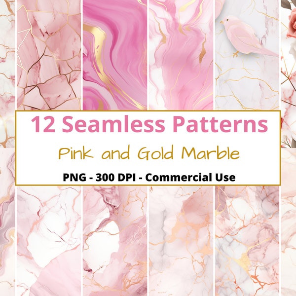 Marble Pattern Gold and Pink Marble Digital Paper Rose Gold Seamless Pattern PNG Scrapbook Paper Commercial Use Repeating Patterns