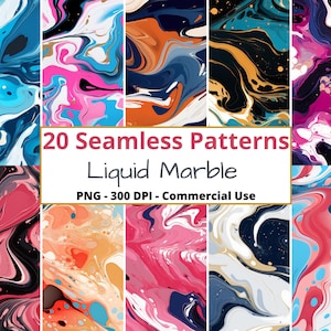 May include: 20 seamless patterns of liquid marble in various colors, including blue, pink, red, orange, black, and white. The patterns are abstract and swirling, creating a unique and modern look. PNG - 300 DPI - Commercial Use