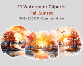 Watercolor Fall Sunset Clipart, Autumn, Transparent Background PNG, Commercial Use